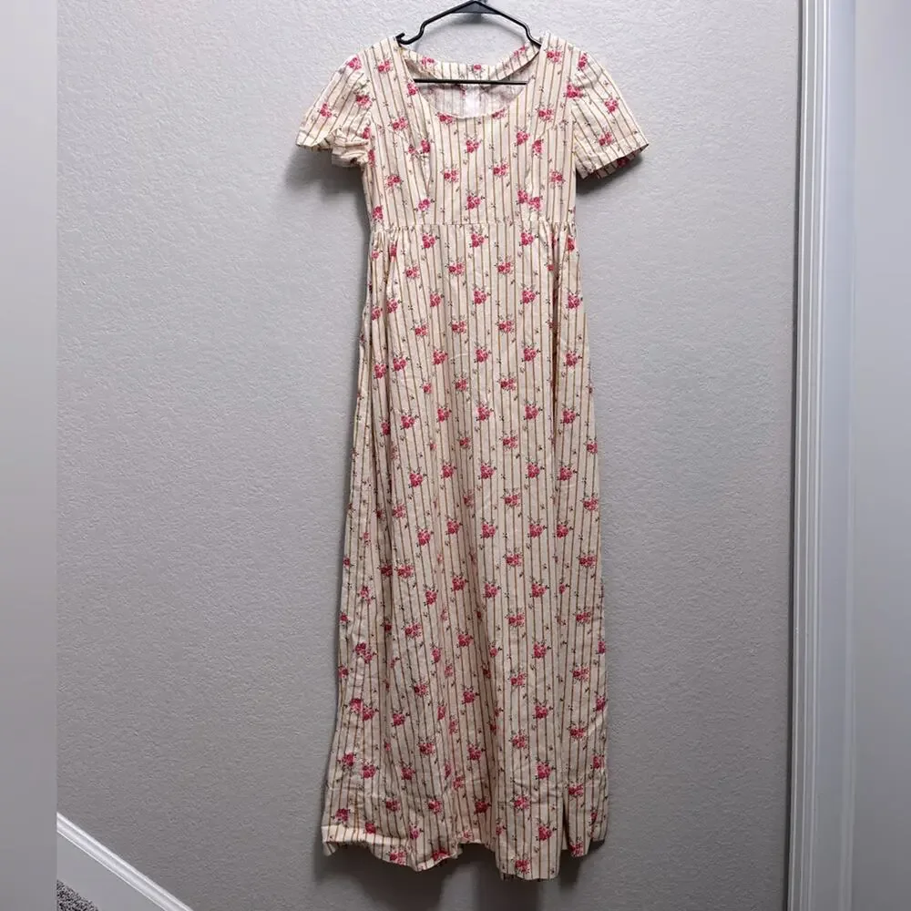 Vintage Cream Microfloral Cottagecore Rose Dress Handmade Size S - Picture 1 of 6